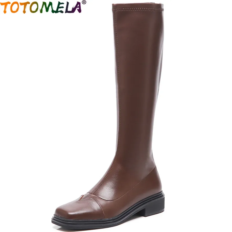 

TOTOMELA 2022 New Ladies Knee High Modern Boots Vintage Thick Med Heels Platform Shoes Genuine Leather Spring Women Boots