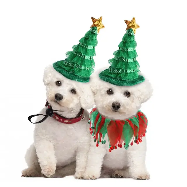 2Pcs Small Dogs Pet Christmas Costume Suit Elf Hat Elastic Strap Cat Tutu Collar and Hat Set Cosplay Gauze 3