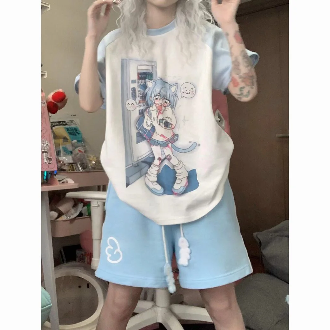 New Kawaii Sweet Lace Up Women Shorts Cute Cartoon Print Japanese Style Wide Leg Short Pants Baggy Casual Youthful Summer 5