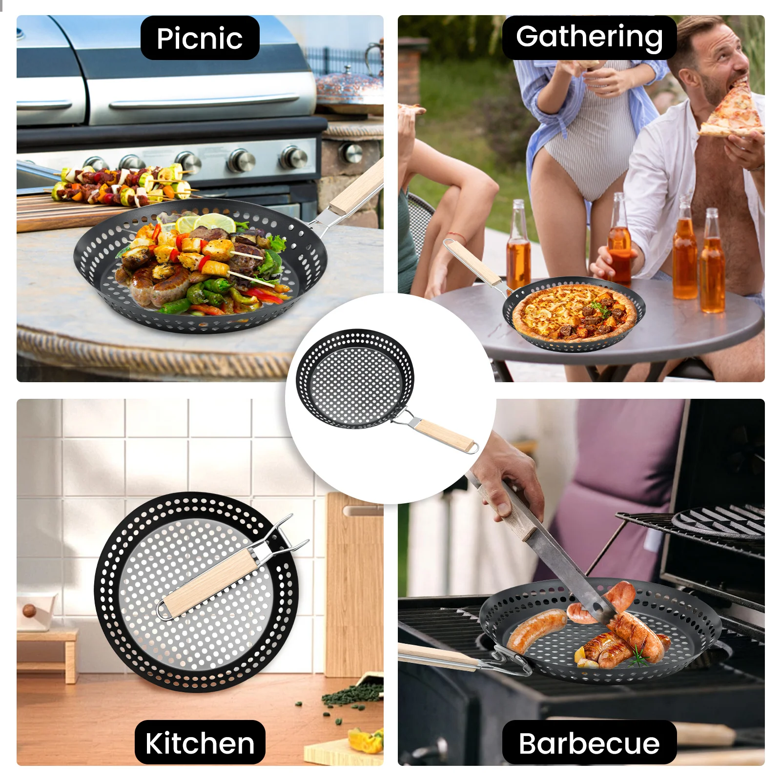 Folding Grill Pan Nonstick Grill Skillet Barbecue Grill Pans With Wooden Handle Heat Resistant Grill Skillet for Home Outdoor