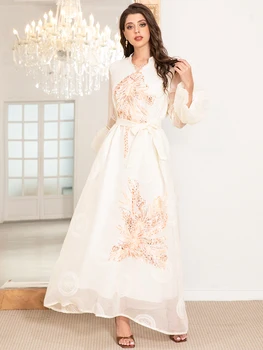 Elegant High Neck Arab Thobe Dress with Polka Dot Jacquard Embroidery & Lantern Sleeves, Modern Traditional Design 4