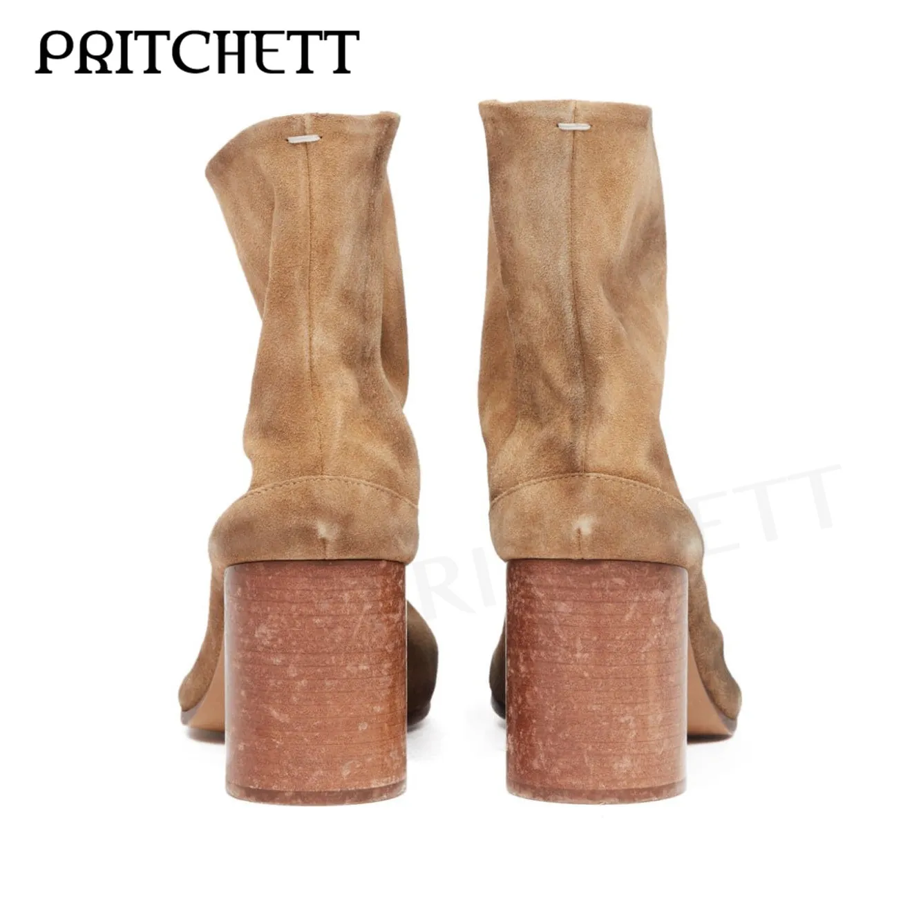 Retro Suede Beige Tabi Boots Round Toe Split Toe Medium High Heel Slip-On Casual Short Boots Personalized Fashion Women's Shoes