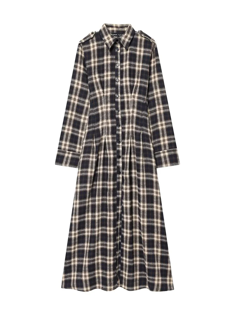 Fashion Women Retro Lapel Long Dress Long Sleeve Casual Classic Plaid Print Shirt Dress Chic Slimming Single Breasted Dress