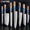 XITUO Kitchen Knives-Set Damascus Steel VG10 Chef Knife Cleaver Paring Bread Knife Blue Resin and Color Wood Handle 1-7PCS set 1