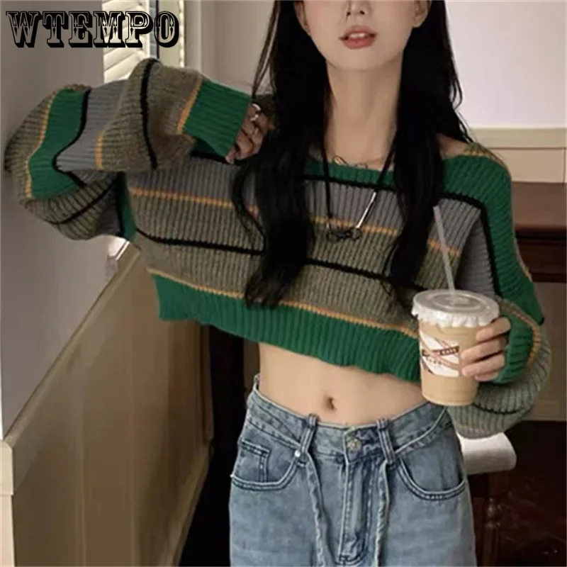 

WTEMPO Women's Long Sleeve Knitwear Ladies Crop Sweater Striped Knitted Coat Fashion Sexy Short Colorblock Pullover Jumpers