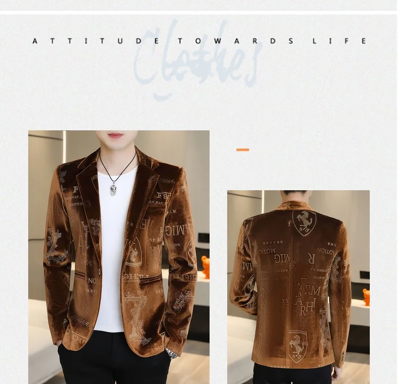 Description Picture 4 of itemMen's golden velvet boutique fashion handsome casual hot gold trend autumn and winter suit coat with men's small suit coat