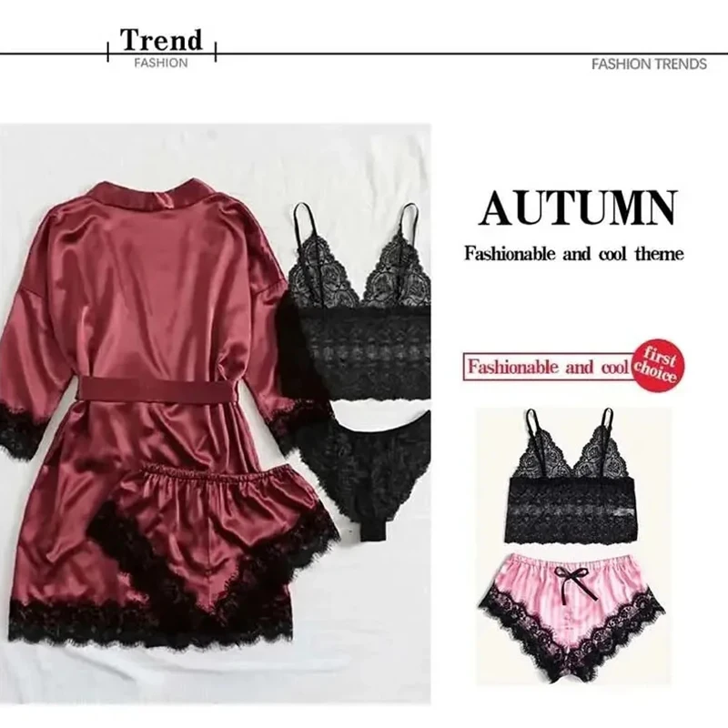 Damesmode Pyjama Print Sexy Kant Trim Kunstzijde Satijn Pyjama Set Jurk Huidvriendelijk Comfort Loungewear Sexy Pyjama's_voghion.com