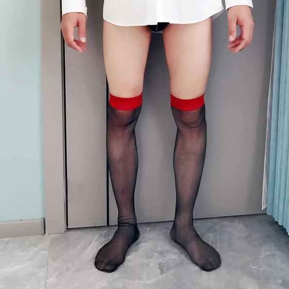 Gentlemen Vintage Black Silk Red Tube Stockings Men's Hosiery Knee High Stockings Male Fetish Transparent Stocking Sissy Clothes