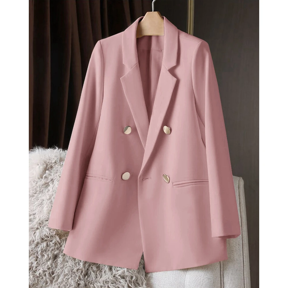 Spring Fashion Women Nothched Collar Double Breasted Solid Color Blazer Coat Femme Casual Jackets Elegant Work Wear Outfits