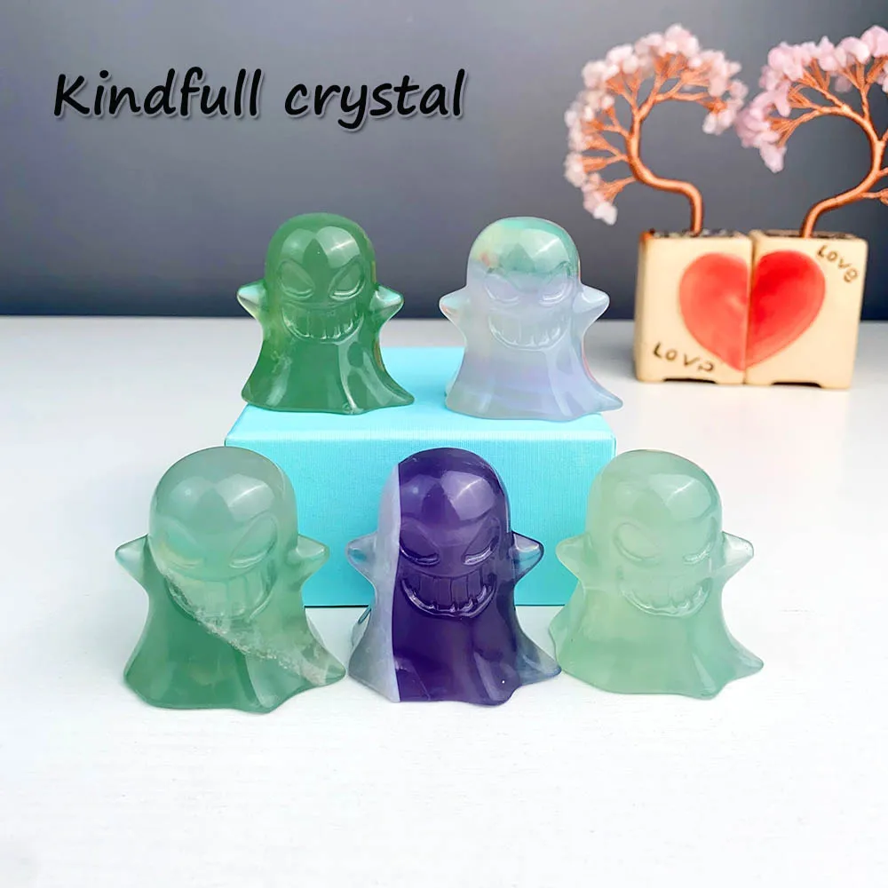 

1pc Natural Crystal Stone Fluorite Ghost Hand Carved Crafts Healing Gemstones Home Decoration Halloween Gifts For Child