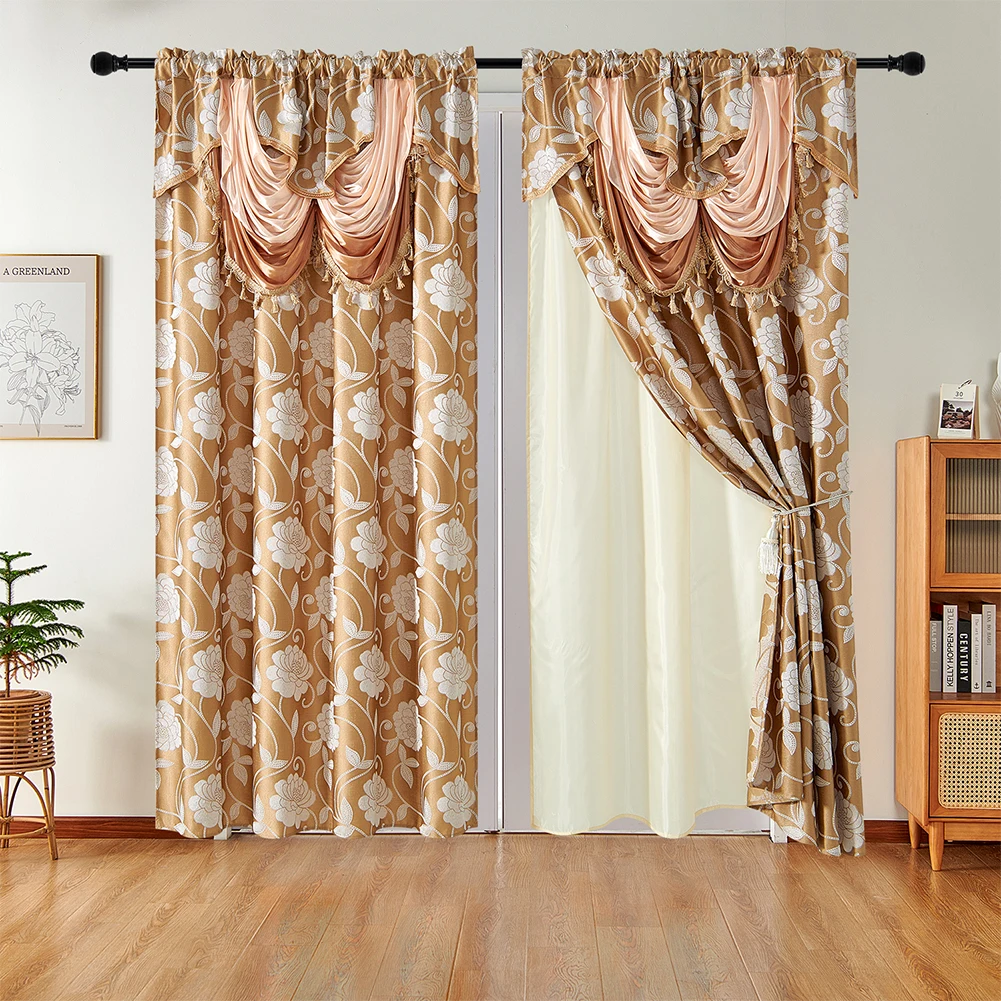 

KAUNFO European Style Jacquard Curtain Brown Drapes Blind for Living Room Home Decor Rod Pocket 132x213cm 1PC