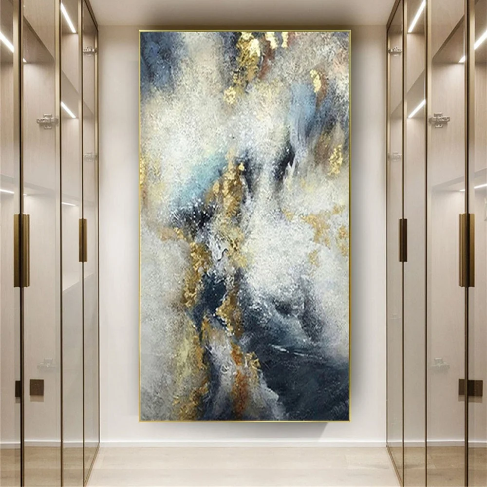 

Abstract The Sky Poster Hand-Painted Gold Oil Painting Modern Wall Art Picture Blue Grey Mural For Home Living Room Decor Gift