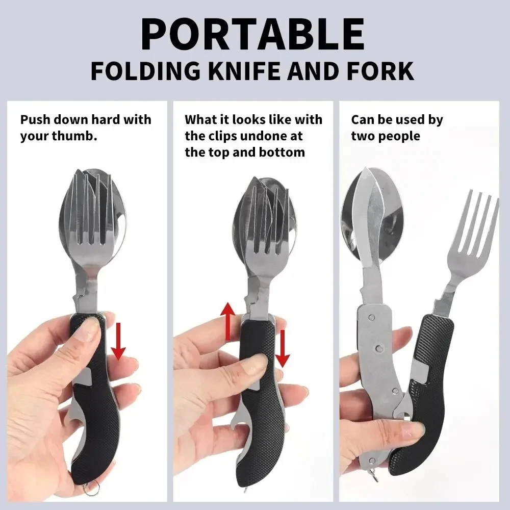 Camping Cutlery Portable Tableware Portable Cutlery Stainless Steel 4-In-1 Foldable Tablespoon Set Spoon Knife Fork Bottle Opener Folding Pocket Kits Outdoor Tableware Set