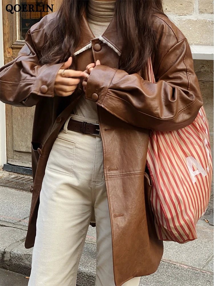 QOERLIN Leather Long Trench Women Winter Fur Liner Keep Warm PU Overcoat 2022 New Single-Breasted Jacket Pockets Button Up Coat