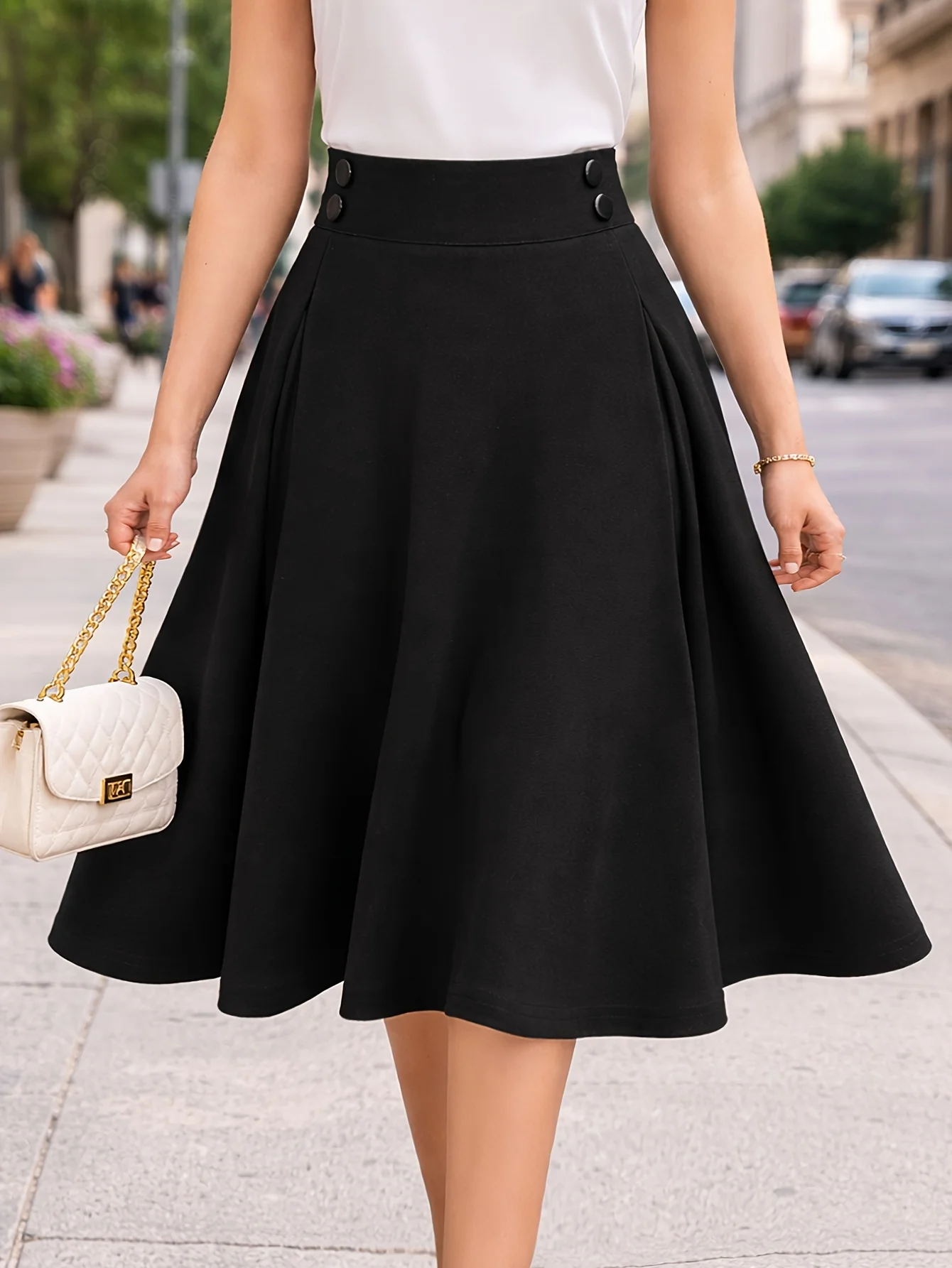 Women Wear to Work Swing Skirts for Women Elastic High Waist Button Front Knee Length Fit And Flare Pleated Skirt 2