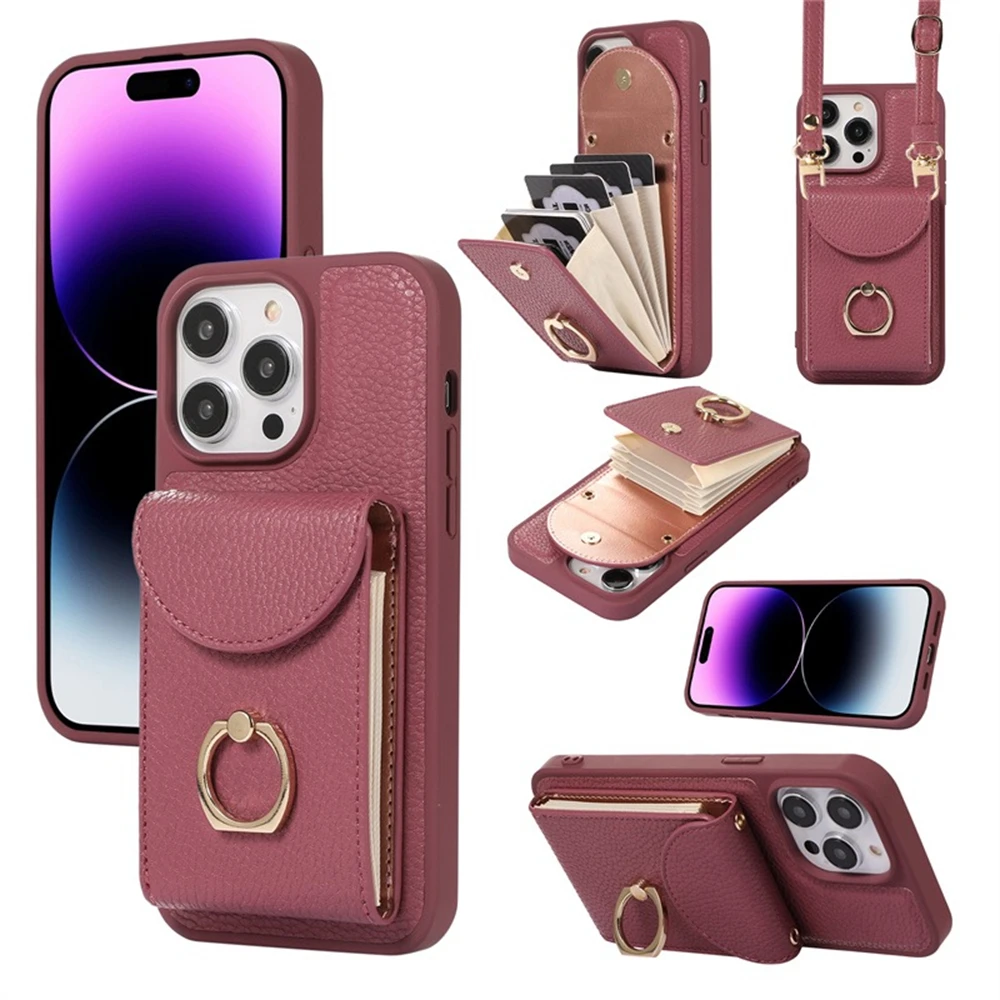 Estojo de Couro com Cordão Ajustável para Iphone Bolsa de Cartão Alça Transversal Anel de Metal Tampa com Carteira Slot para Iphone 14 13 12 11 Pro Max