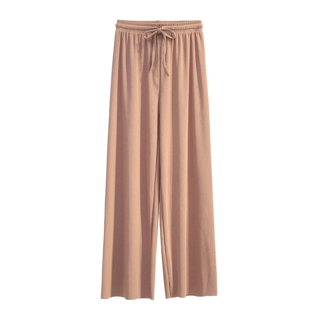 Women’s ice silk wide leg high waist summer floor length casual pants rose