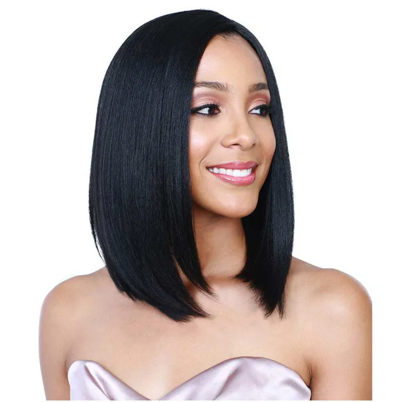 New African Women Wig Natural Black Center Parted Bangs Medium Length Straight Hair Shoulder Length Fashion Wigs for Girls