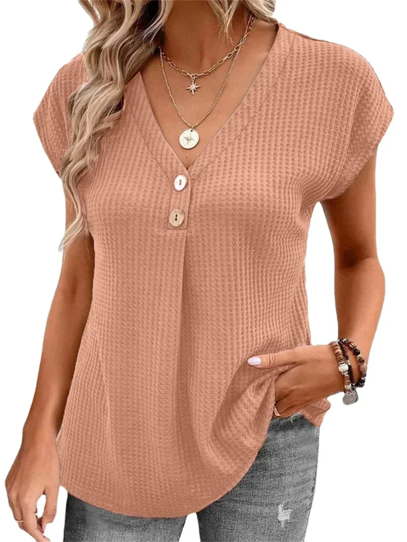 

Летняя женская Свободная футболка с пуговицами и V-образным вырезом, Модный повседневный топ с коротким рукавом, нижнее белье