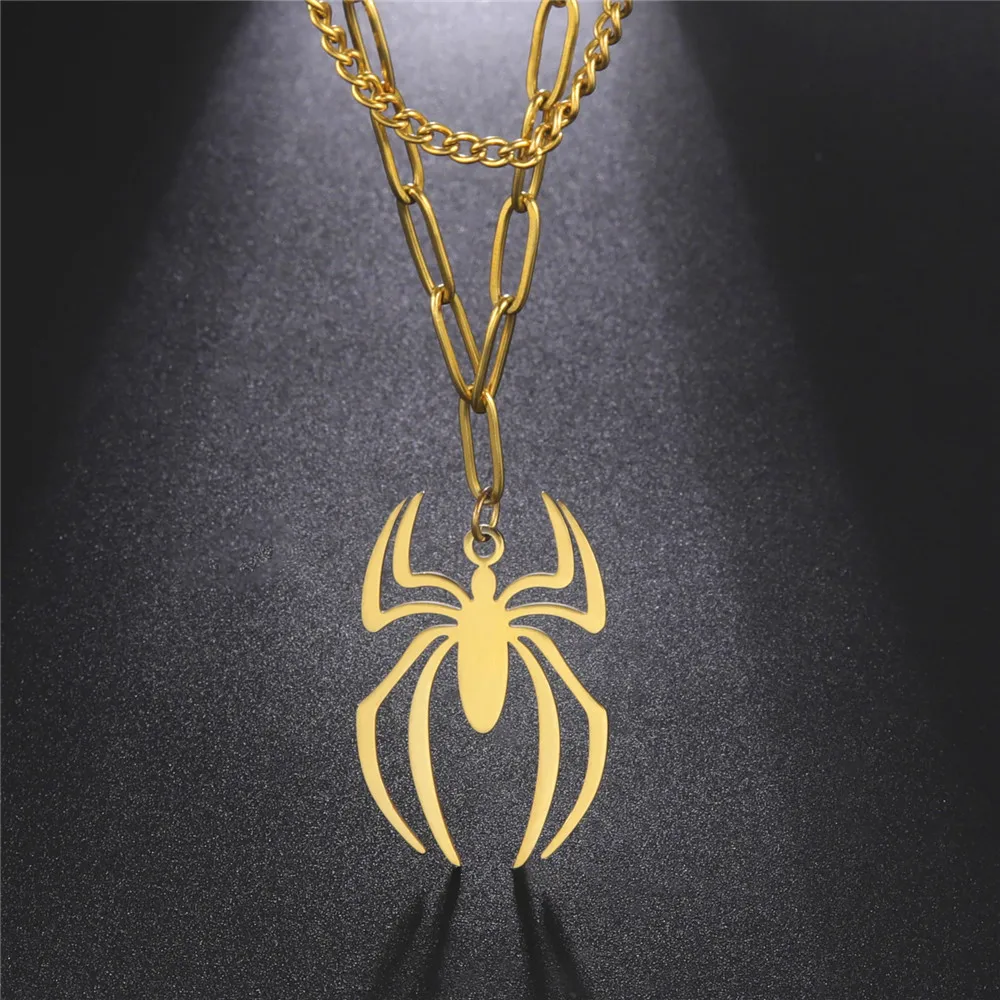 Skyrim Punk Spider Pendant Necklace for Women Men Stainless Steel Double Layer Collar Necklace Hip Hop Tiers Jewelry Gift_voghion.com