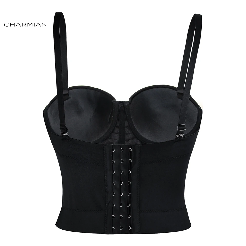 Charmian PU Leather Bustier Crop Top Women's Steampunk Sexy Spaghetti Strap Push Up Plus Size Party Corset Bra Top Black Gothic