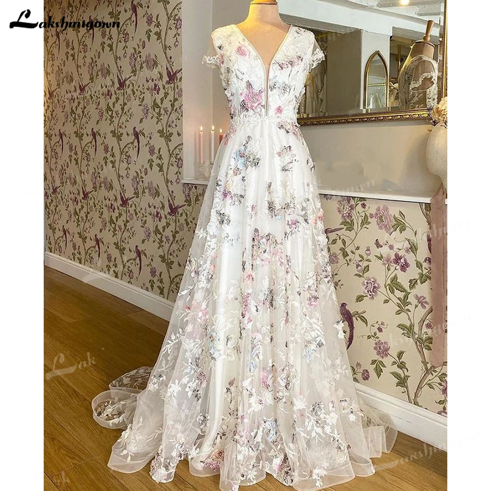 Elegant Long V-Neck Beading Wedding Gown Short Sleeve With Print Flower ...