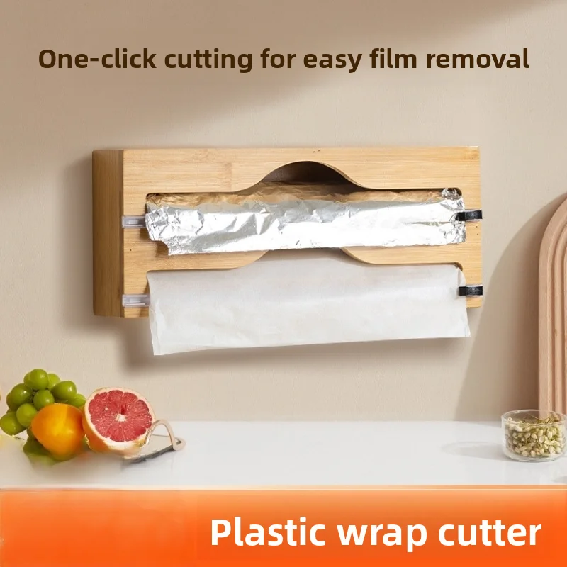 Natural Bamboo Wrap Cutter Wall Mounted Multi-Slot Foil and Wrap Dispenser Kitchen Countertop Organization