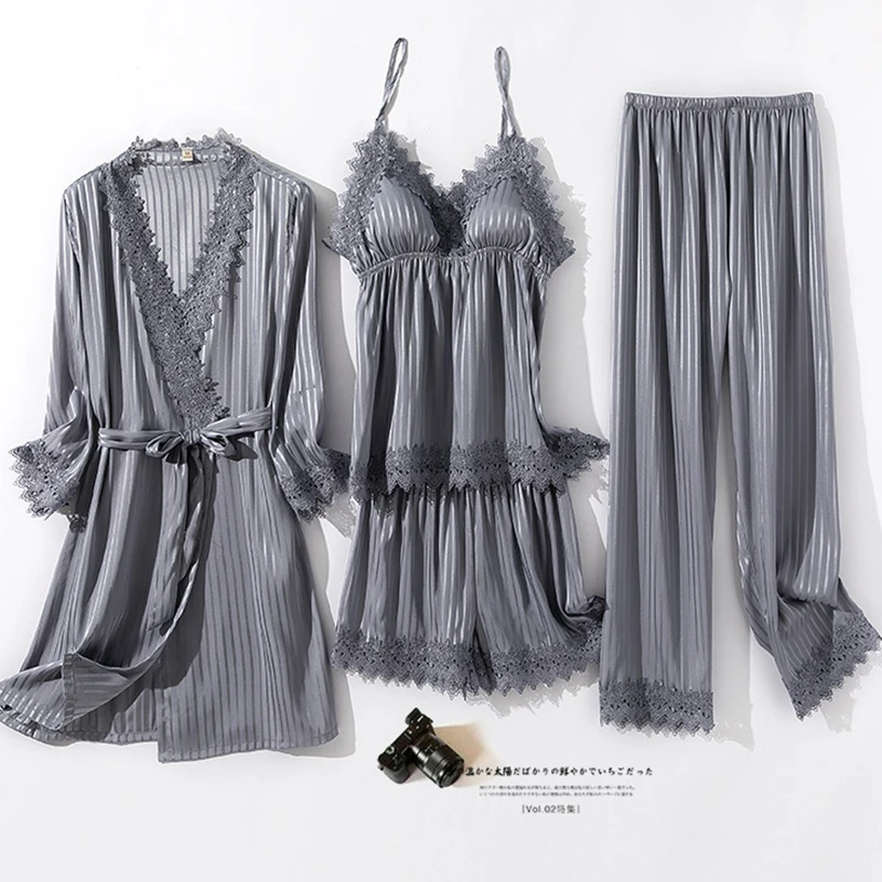 

Women Four Piece Pajama Set Sexy Stripe Lace Trim Sleepwear Pijamas Suit Spring Summer Satin Kimono Bathrobe Gown Loose HomeWear