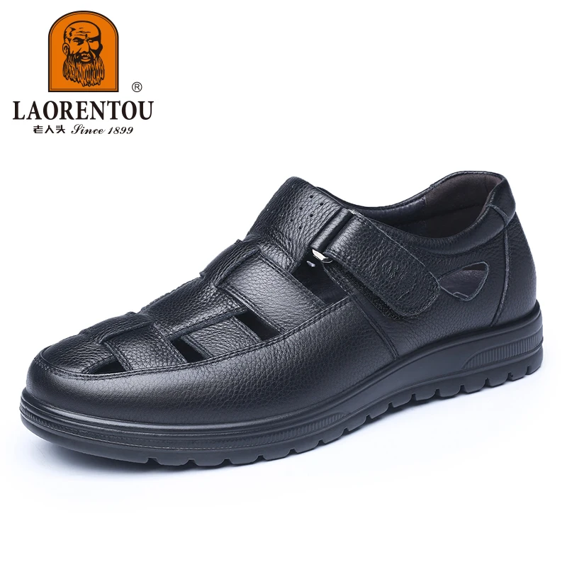 LAORENTOU genuine leather sandals, men's hollow and breathable perforated shoes, casual thick soled non slip leather shoes 4