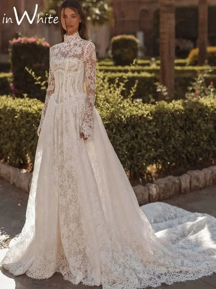 Lace Wedding Dress High Neck A-Line Long Sleeves 2025 Wedding Gowns Luxury Backless Boho Bridal Ball Prom Dress Customised