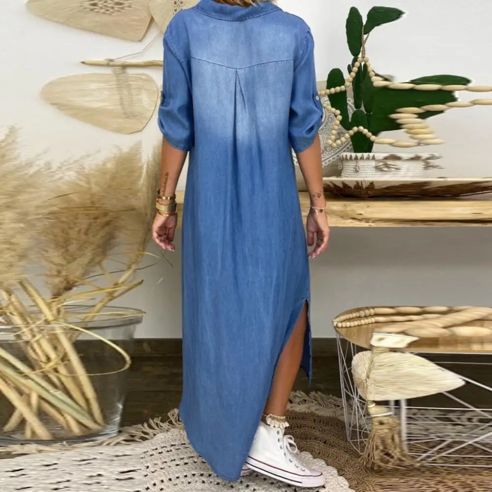 

Women Plus size dress Vintage Summer V Neck Half Sleeve Side Slitting Hem Loose Long Denim Dress Hem Loose Long Denim Dress