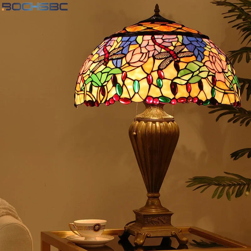

BOCHSBC Tiffany Desk Lamp Butterfly Dragonfly Multi Color Stained Glass Table Light Goddess Lotus Home Decor Nordic Art Lighting