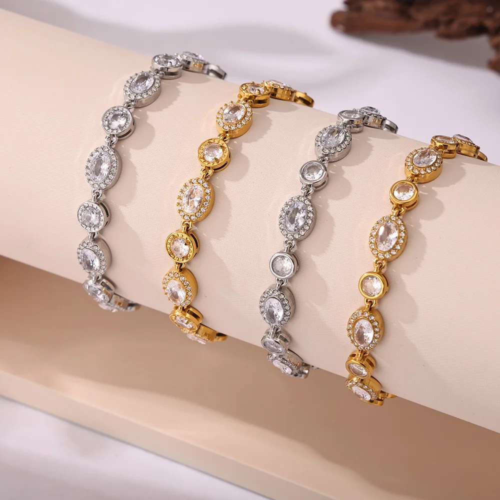 Luxuriöse quadratische und runde Zirkonia-Kettenarmbänder für Damen, 316L Edelstahl-Charm-Armreif, modischer, wasserdichter Schmuck – Detail 11