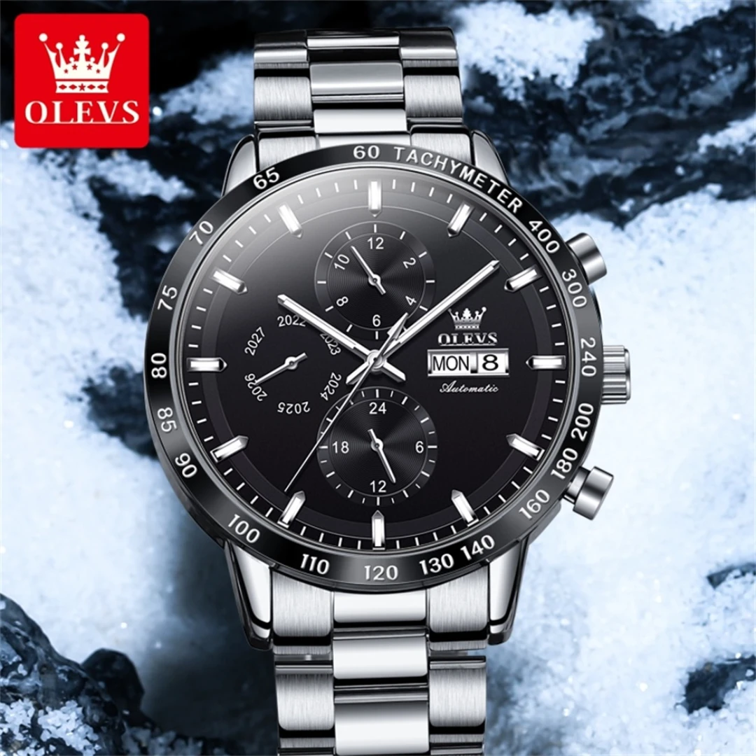 OLEVS 6683 Sport Mechanical Watch Gift Round-dial Stainless Steel Watchband Week Display Calendar Small second