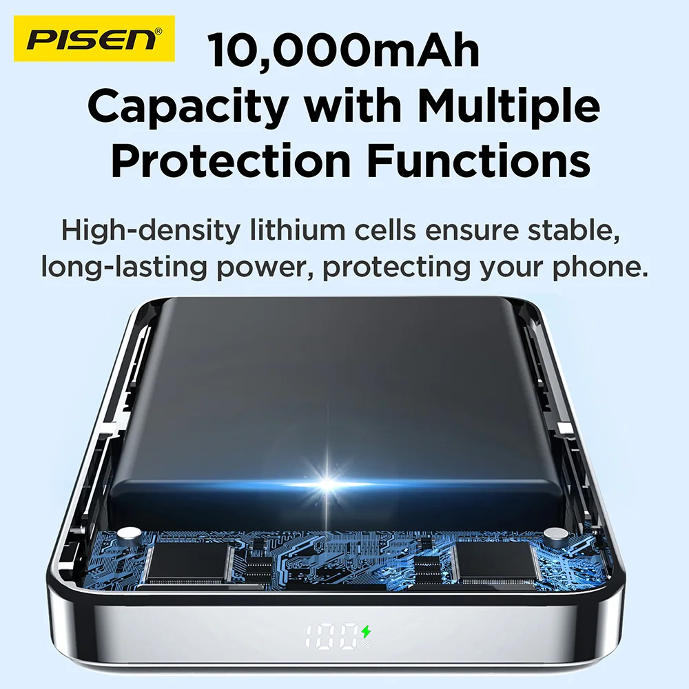 PISEN 30W 10000mAh Magnetic Wireless Power Bank with Stand LED Digital Display Fast Charging External Battery for Samsung Xiaomi 3
