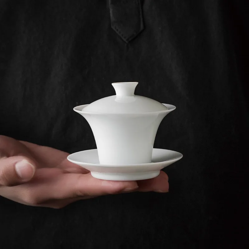 White Ceramic Lidded Bowl Single Kombucha Bowl with Cover Sancai Tea Cup Dehua Ceramic Gaiwan Sweet White Bubble Tea