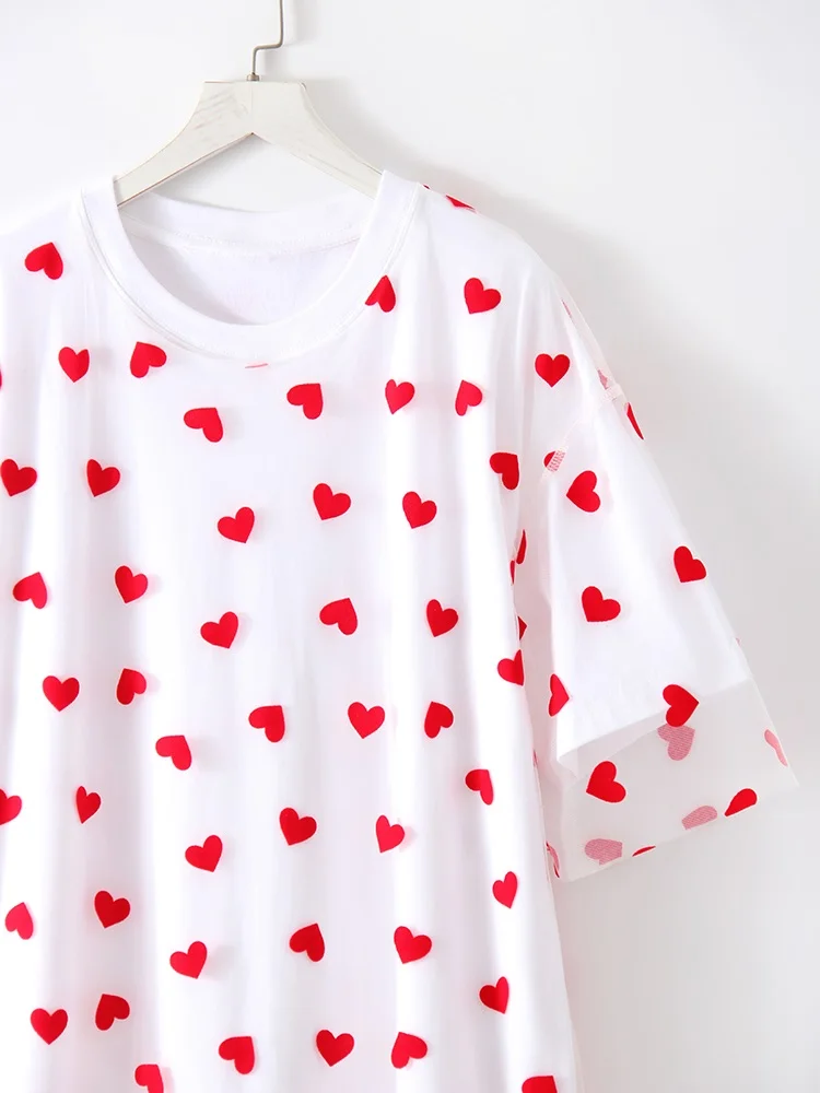 Long Mesh T Shirt Dress For Women Short Sleeve Heart Tulle Fake Two Piece Dresses WOmen's White Loose Maxi Dress With Heart Red