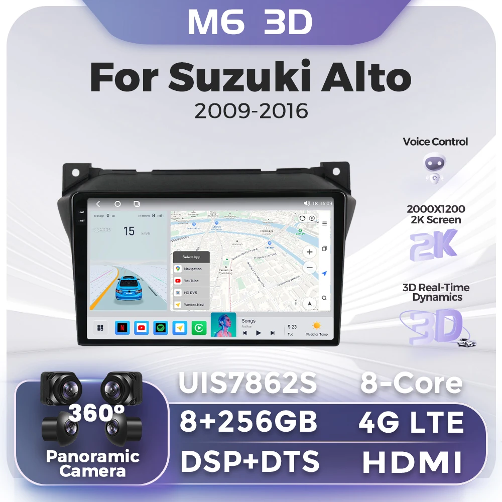

9-дюймовый автомобильный радиоприемник Android, стерео для Suzuki Alto 2009-2016, GPS-навигация, беспроводной автомобильный мультимедийный плеер Carplay, 4G + WIFI DSP