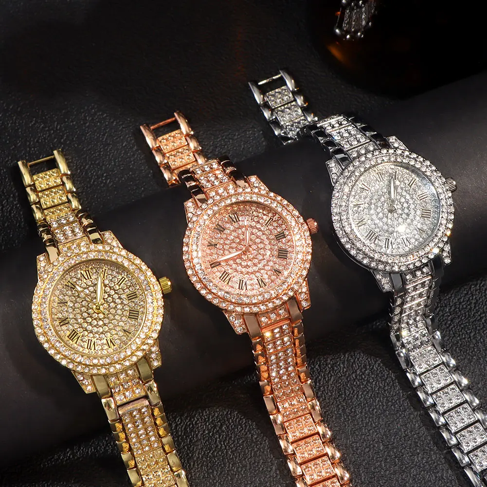 Iced Out Rose Gold Silver Color Watch Women's Luxury Rhinestone Cuban Chain Bracelet Watches Fashion Wrist Watch Hip Hop Jewelry