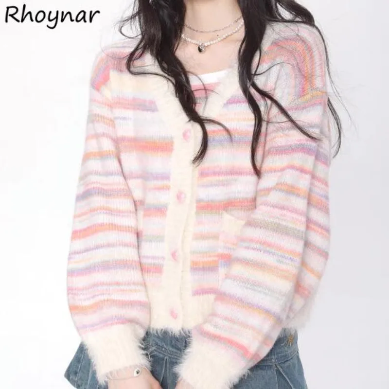 

Knitted Cardigan Women Rainbown Panelled Aesthetic Preppy Style Baggy V-neck Autumn Casual Clothing Minority Tender Girl Y2k New