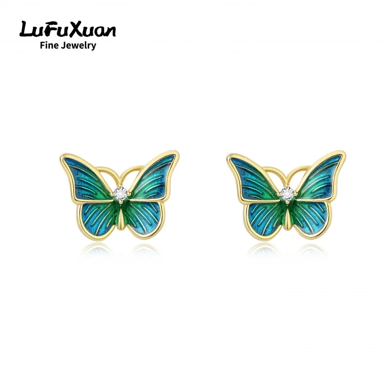 

LuFuXuan Sterling Silver s925 Zircon Enamel Earrings Small Delicate Butterfly Versatile Style