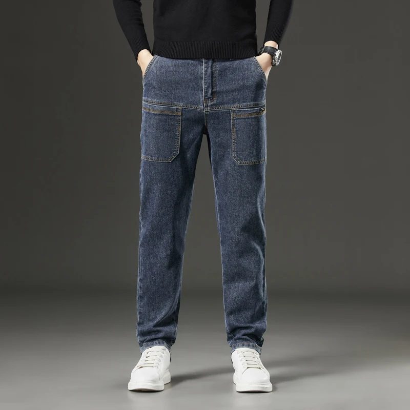 6 Pocket Design Denim Jeans Men's 2024 New High Elasticity Denim Casual Trousers Straight Male Pants Fashion Mid-waist Jeans 2