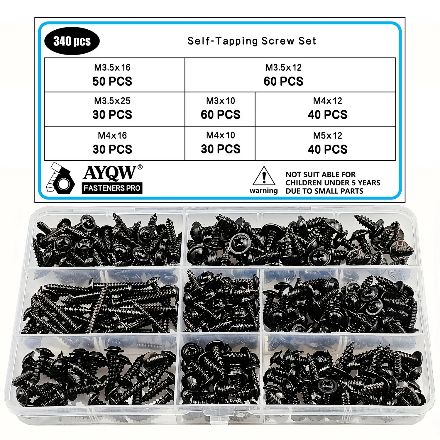 Self-Tapping Screw Set 250 340pcs M3 M4 M3.5 M5 Pan Head Phillips Drive Black Carbon Steel for Wood Furniture