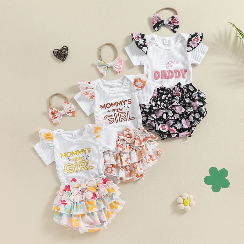 

2024-04-12 Lioraitiin Baby Girl 3Pcs Summer Set, Letter Embroidery Ribbed Romper Layered Ruffle Shorts Bow Headband Outfits