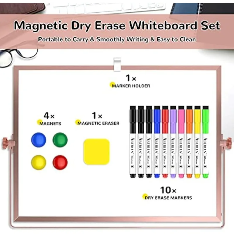 Dry Erase White Board- 16X12 Large Magnetic Desktop Whiteboard with  Stand, 10 Markers, 4 Magnets, 1 Eraser- Portable Double-Sided White Board  Easel for Kids/Drawing/Memo/to Do 