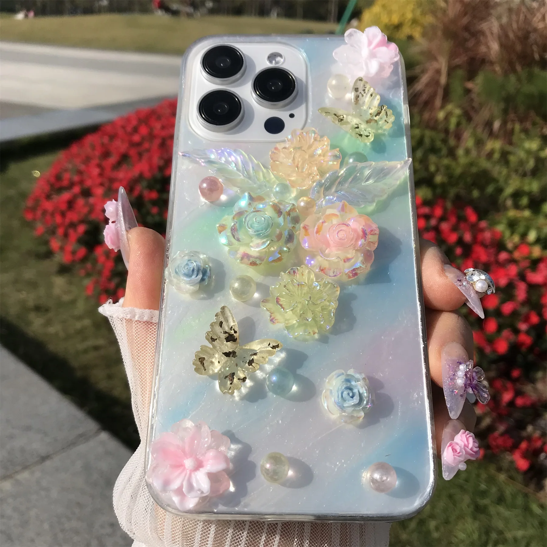 Handmade Dreamy Floral Butterfly Beaded Soft TPU Dustproof Phone Case
