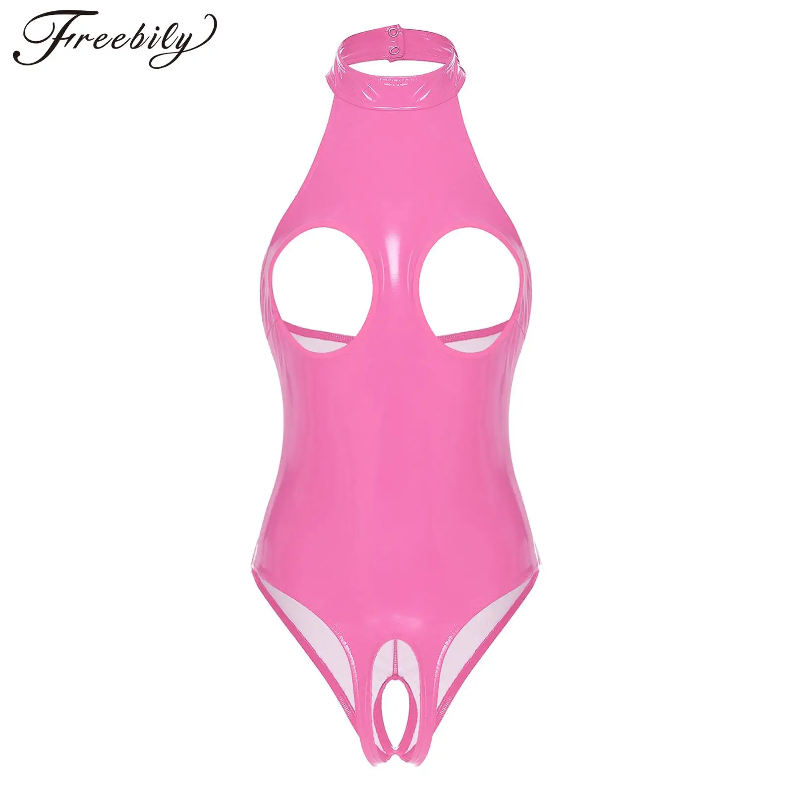 

Womens Open Cups Latex Bodysuit Catsuit Sexy Patent Leather Cutout Crotchless Teddy Lingerie Wetlook Clubwear Exposing Clothes