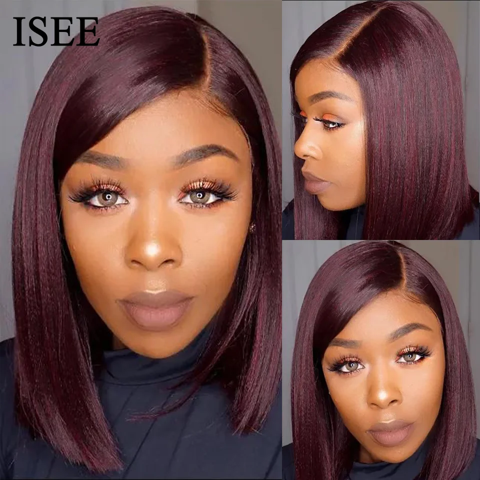 

ISEE 99j Malaysian Straight Lace Front Wig 150% Density Short Lace Closure Human Hair Wigs Burgendy Straight Bob Wigs For Women