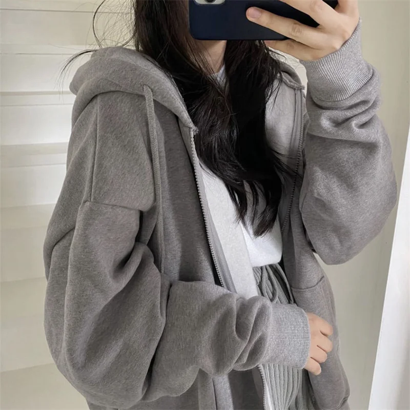 Women Harajuku Solid Color Hoodies Autumn Casual Long Sleeve Sweatshirts Coat Female Korean Version Zipper Pocket Hooded Jacket winter jacket women down coat for winter warm external mold 8 color simple version of the zipper pocket down jacket