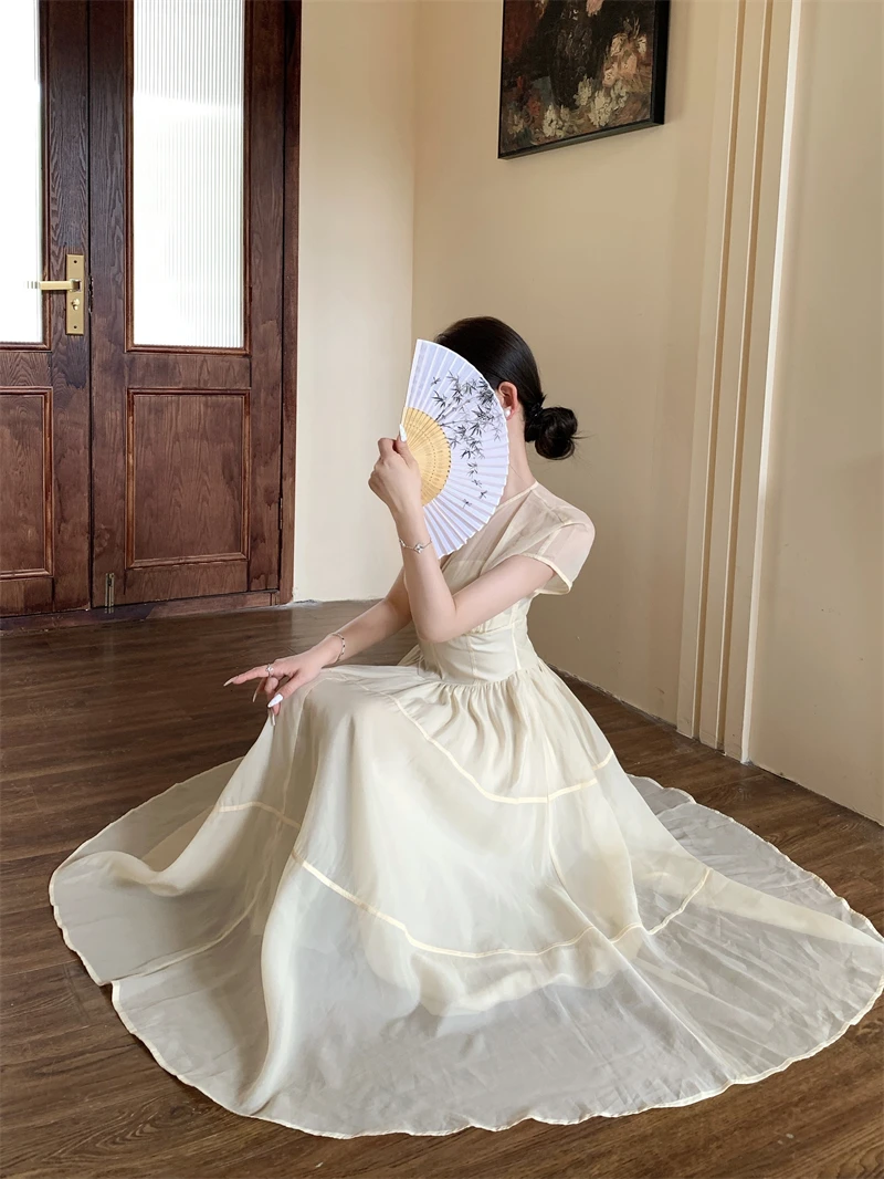 Elegant Long Dresses for Women V-neck A-line Birthday Party Dress French Casual High Waist Summer New Prom Retro Vestidos Mujer